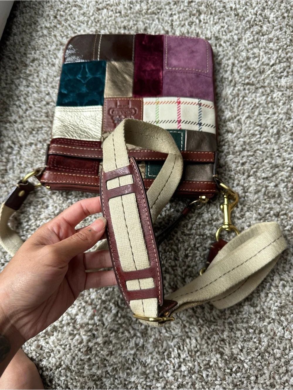 Coach Patchwork Crossbody Bag in Burgundy, Teal, Brown and Cream